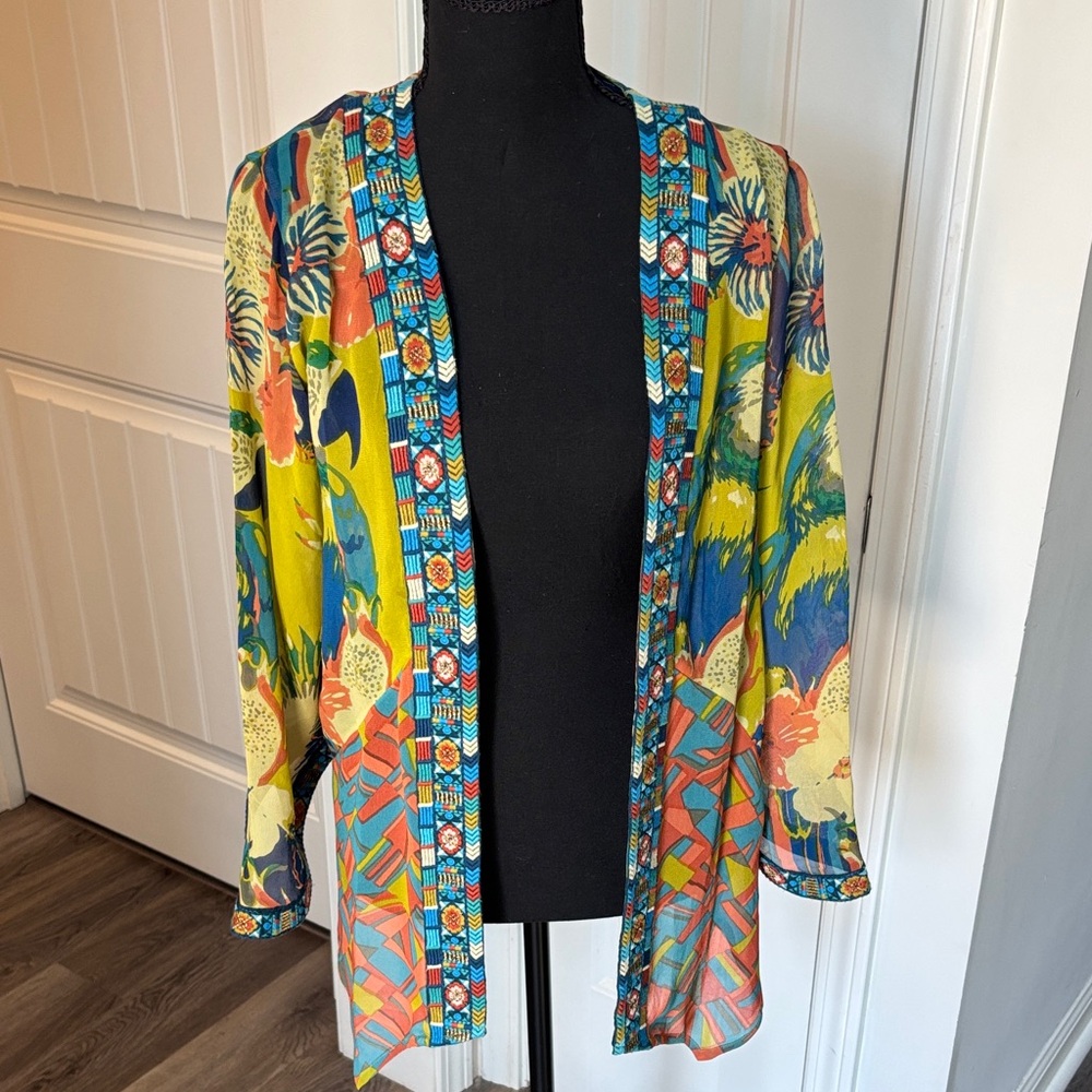Open-Front Tropical Print Kimono Jacket - Multi